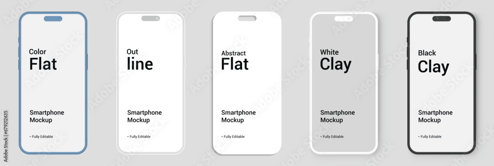 smartphone mockup with blank white screen in realistic, clay, flat vector, line style. mobile phone mockup front view. vector illustration - obrazy, fototapety, plakaty 