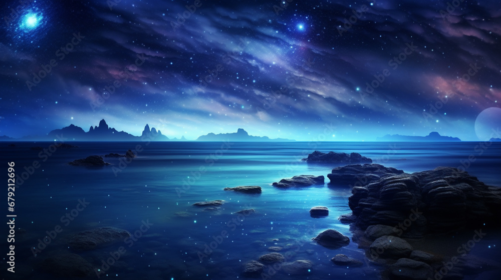 Fototapeta premium The sky and the sea at night Among the stars that shine brightly to be seen at night.
