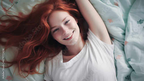 Girl with long red hair with lying on the bed with a relaxed face
