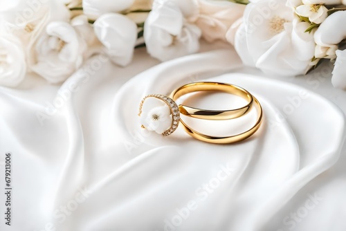 Elegant wedding concept. Golden ring with cotton flower pillow on white silk background. Feminine still life composition. Minimalist style.