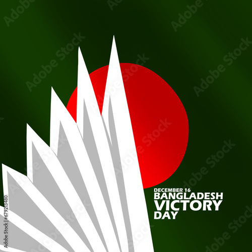 Bangladesh Victory Day banner. Bangladesh flag with illustration of a monument and bold text to commemorate on December 16