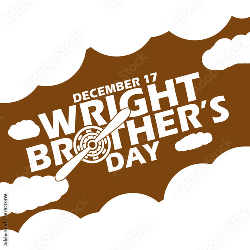 Bold text with an airplane propeller engine flying above the clouds on brown background to commemorate wright brother's day on December 17