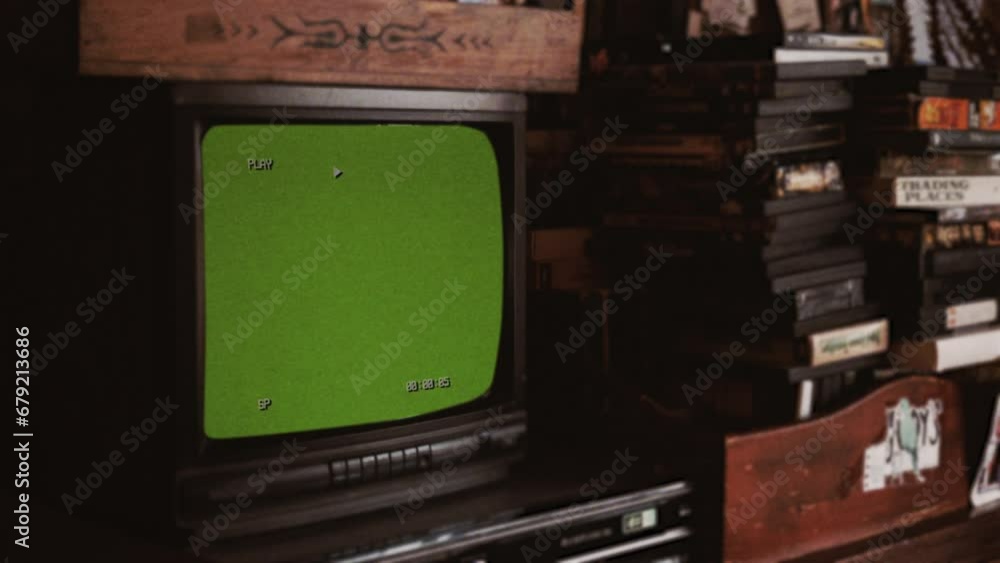 Vintage VHS Television Green Screen Time Code Old TV Panning Shot. Old