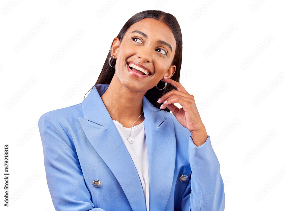 Happy business woman, thinking and idea for solution or problem solving isolated on a transparent PNG background. Face of female person, employee or model smile in wonder, decision or option choice Happy business woman, thinking and idea for solution or problem solving isolated on a transparent PNG background. Face of female person, employee or model smile in wonder, decision or option choice