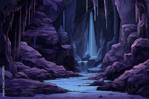 Fantasy cave landscape with waterfall and ice