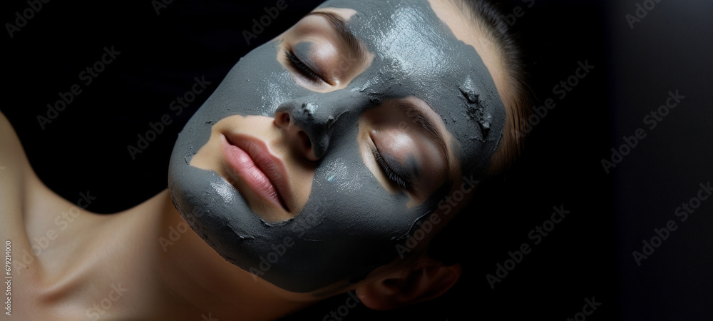 Woman is wearing a black charcoal facial mud mask for facial care while lying down, facial care, glowing face, facial treatment, purifying peeling mask at spa