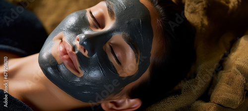 Woman is wearing a black charcoal facial mud mask for facial care while lying down, facial care, glowing face, facial treatment, purifying peeling mask at spa