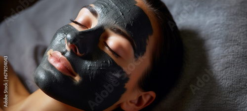 Woman is wearing a black charcoal facial mud mask for facial care while lying down, facial care, glowing face, facial treatment, purifying peeling mask at spa photo