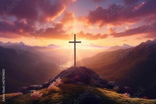 Creative religion concept. Cross at top of hill mountain with sunset ray dawn. glowing end clouds skies landscape. Christian religious © MaxSimplify