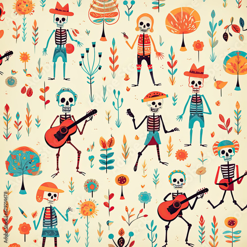 Childish seamless pattern background with colorful skeletons