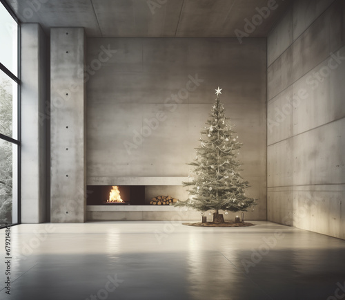 simple concrete interior, minimalistic loft design. Wide angle studio shot. Christmass tree. fireplace