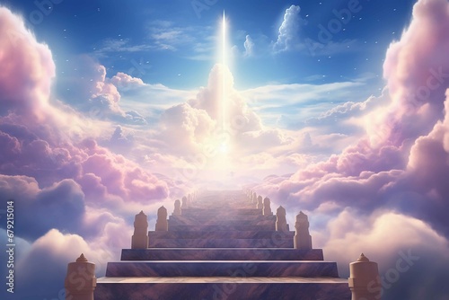 Creative religion concept. Stairway leading to the heavenly sky towards the cross. glowing end clouds skies landscape. Christian religious