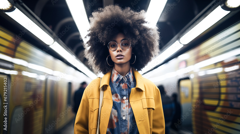 Beautiful afro woman wearing a yellow jacket in the underground 