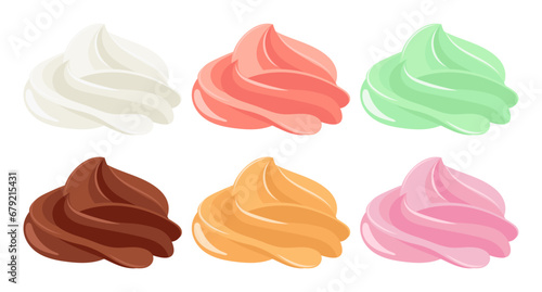 Creamy swirl set. Whipped cream, mousse. Strawberry, chocolate, vanilla and caramel cream. Dessert illustration in cartoon flat style. Food icons. Vector