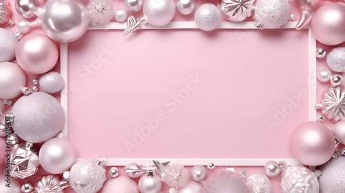 Merry Christmas and Happy Holidays greeting card, frame, banner. New Year. Noel. Christmas white silver ornaments on pink background top view. Winter xmas holiday theme. Flat lay
