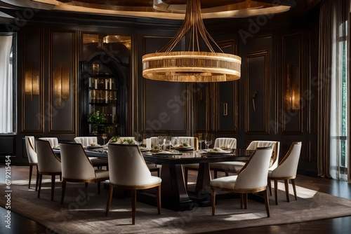 General view of luxury dining room with table and chairs