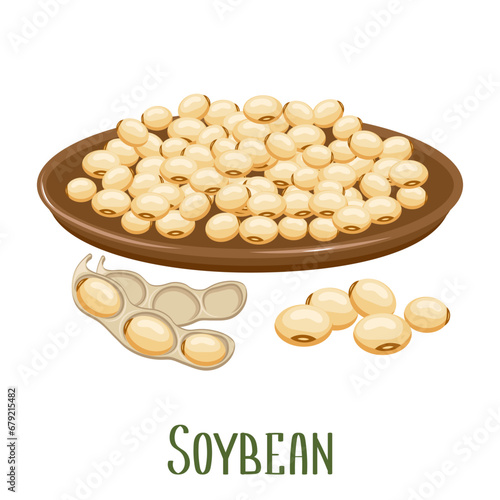 Set of soybeans. Soybean plant, soybeans in pods, in a bowl. Food, agriculture. Illustration, vector