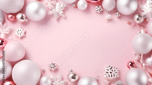 Merry Christmas and Happy Holidays greeting card, frame, banner. New Year. Noel. Christmas white silver ornaments on pink background top view. Winter xmas holiday theme. Flat lay 