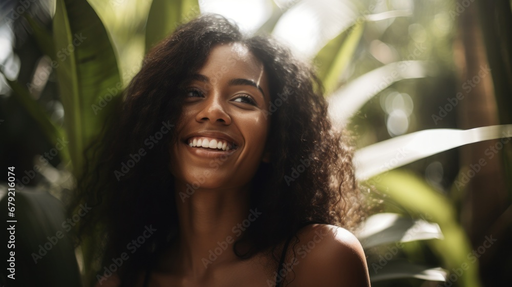 Beautiful woman in a garden with lush green plants Beautiful woman in a garden with lush green plants