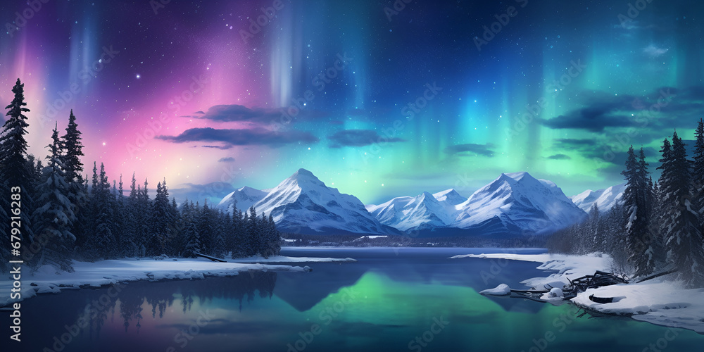 A lake with snow and trees and colorful lights,Festive Winter Reflections by the Lake,Winter Wonderland: Lake, Snow, Trees, and Lights