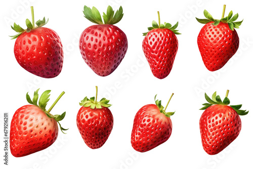 a collection of ripe strawberries isolated on a transparent background, generative ai