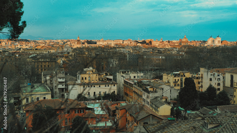 Panoramic view of Rome, Italy, Europe. Beautiful Rome skyline,  header with Roma city. Wide panorama of Rome, cityscape of historical town