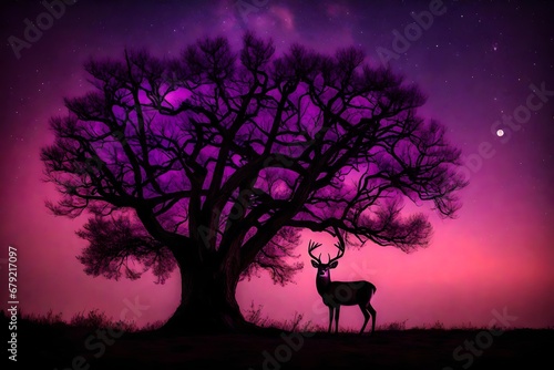 purple buck moon on night red sky back silhouette tree