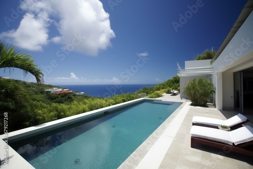 Villa with ocean view. Generative AI © Kato
