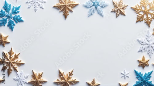 a christmas background with gold  blue and white snowflakes