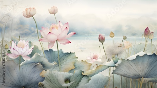 watercolor wallpaper pattern landscape of lotus flower with kingfisher with pink background photo