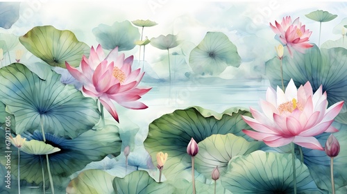 watercolor wallpaper pattern landscape of lotus flower with kingfisher with pink background © Ziyan