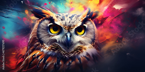 An owl with striking yellow eyes in a detailed painting,Elegant Owl with Intense Yellow Eyes in Fine Art © Umair