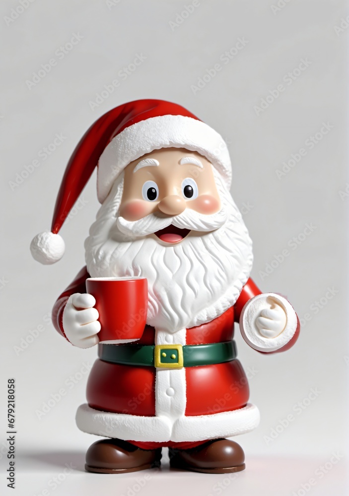 Obraz premium 3D Toy Of Santa Claus Making Hot Cocoa On A White Background.