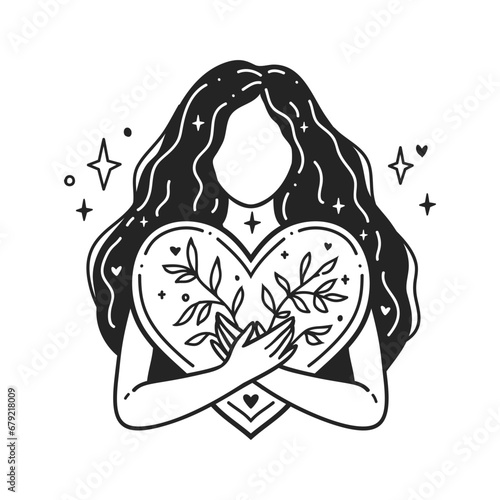 Girl with Heart in hands. Self care Feminine vector Illustrations. Mental Healthcare. Card, valentines card, Women s Day. Doodle style