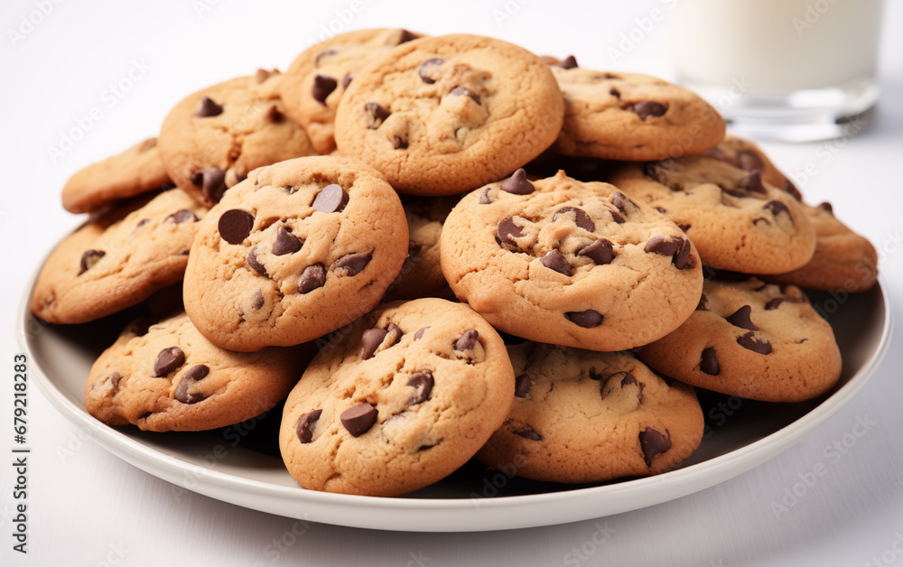 Just-Baked Chocolate Chip Cookies on Plate, High Key Photo Just-Baked Chocolate Chip Cookies on Plate, High Key Photo