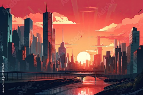 Vibrant Painting of a Skyline and a Majestic Bridge Generative AI