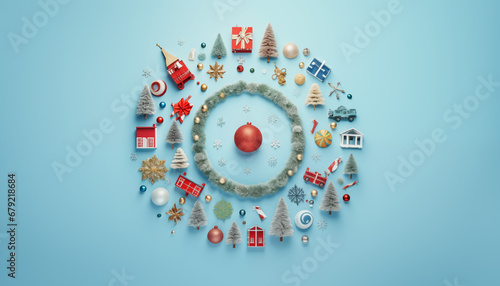 Christmas ornament in a circle flat lay