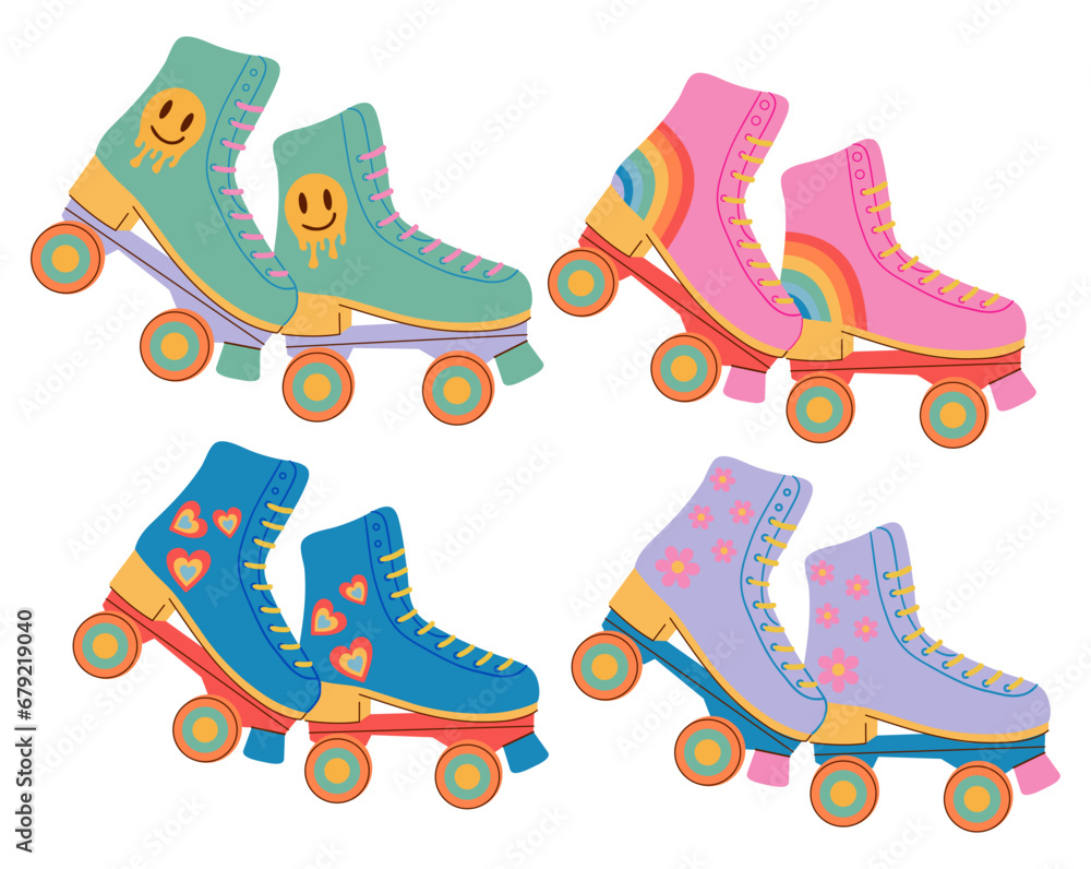 Fototapeta premium Set of roller skates in 80s 90s style, retro vector illustration on a white background