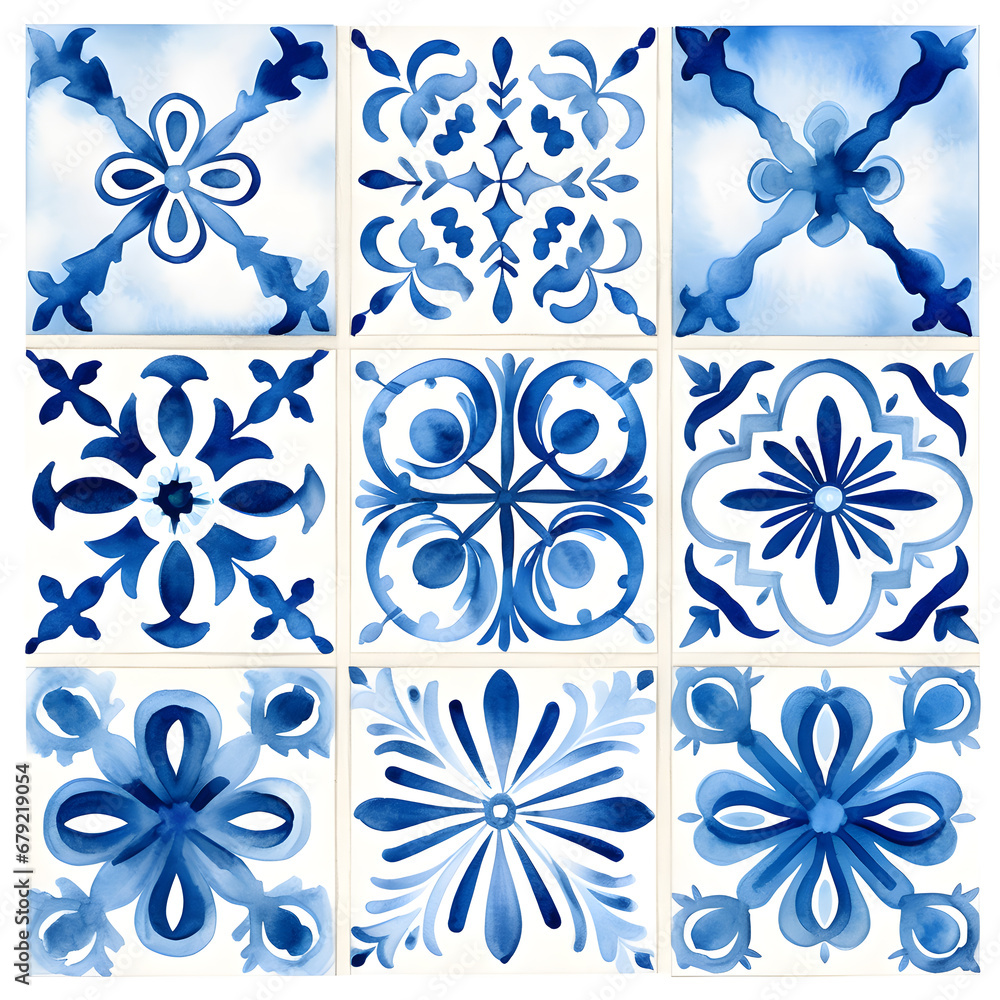 Rustic blue tile watercolor seamless pattern. Pattern of azulejos tiles Rustic blue tile watercolor seamless pattern. Pattern of azulejos tiles