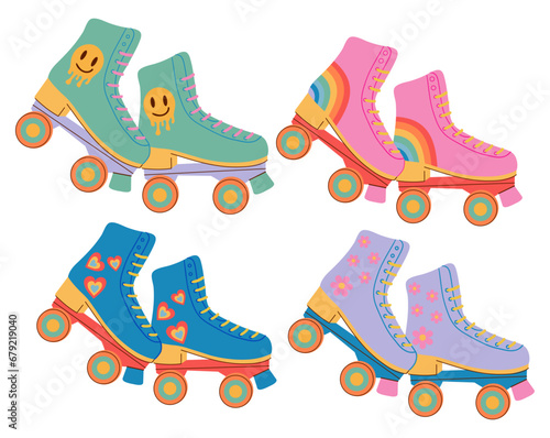 Set of roller skates in 80s 90s style, retro vector illustration on a white background