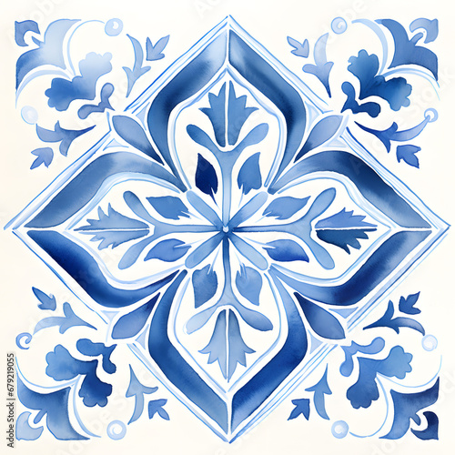 Rustic blue tile watercolor seamless pattern. Pattern of azulejos tiles 