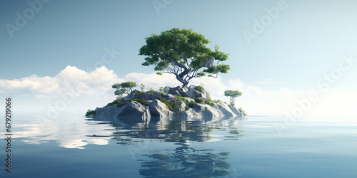 Beautiful underwater view of lone small island above and below the water surface Underwater Oasis with Lone Island and Tree