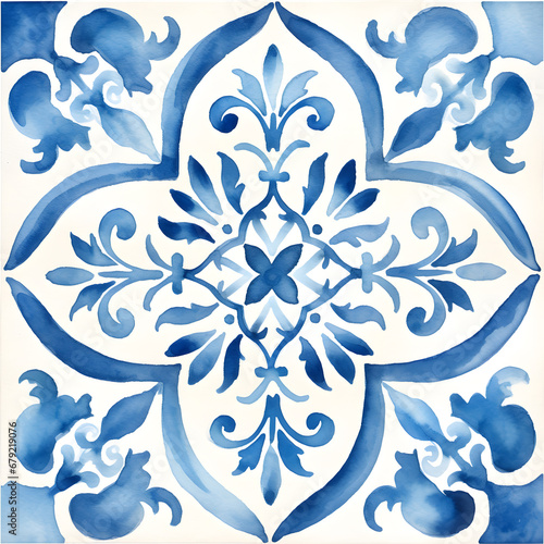 Rustic blue tile watercolor seamless pattern. Pattern of azulejos tiles