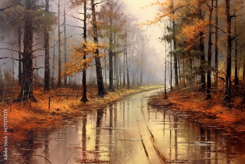 Autumn landscape painting of a country road through a forest with puddles and fog. Generative AI