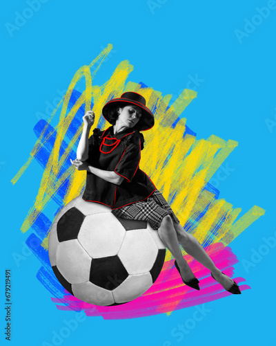 Contemporary art collage. Modern creative artwork. Elegant, tender woman sitting on huge soccer ball against background with drawings. Poster.