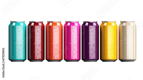 Aluminum slim colored cans isolated on transparent background, canned with water drops