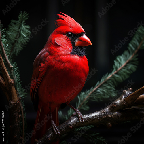 A realistic picture of a beautiful cardinal red bird in nature. Black background. Wild nature.