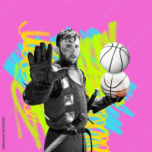 Contemporary art collage. Monochrome Valliant knight, medieval person, holds a lot of basketball balls against creative background. photo