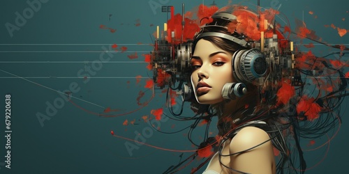 beautiful cyber girl in futuristic headphones on a dark color background. art, concept, abstract, free spase, banner