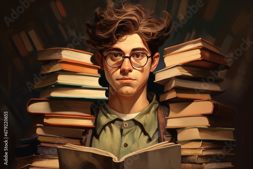 A young student guy in the library tired, sleepy and thoughtful. The night before the university exam. Lots of books everywhere. Generative AI. Cartoon style. photo